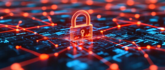 A digital representation of cybersecurity, featuring a glowing padlock surrounded by interconnected circuits, symbolizing data protection and network security.