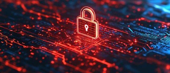 A digital lock symbol on a circuit background, representing cybersecurity and data protection in a vibrant, high-tech environment.