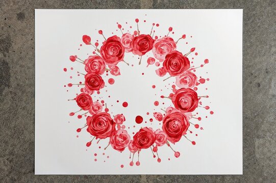 Circular Watercolor Design Featuring Red Roses and White Blotches, Alcohol Ink Accents, and Soft Pigment Effects in a Floral Pattern - Powered by Adobe