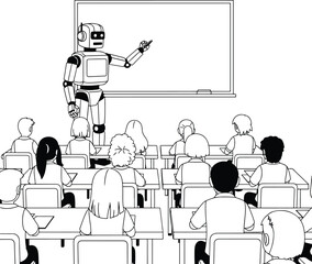 Robot: A minimalist illustration of a robot teaching students in a classroom, symbolizing future education and artificial intelligence.