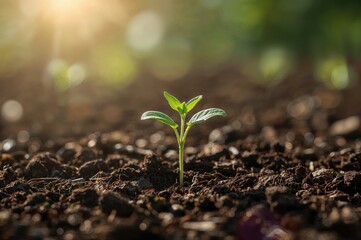 Theme of eco-friendly development showcasing a sprout rising from earth, highlighted by sunlight and a blurred backdrop.