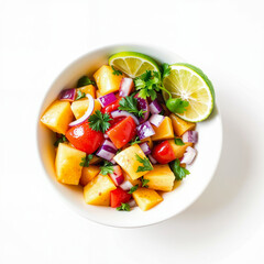 Pineapple salsa Fresh mango salsa with tomatoes, onions, and cilantro in white bowl  