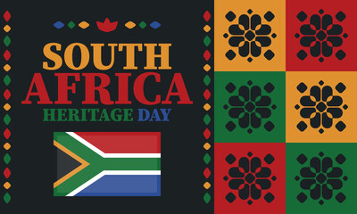 South Africa Heritage Day. Happy holiday. Celebrate culture and traditions of nation. South African flag. Poster with illustration. Pattern design. Vector