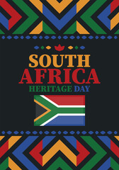 South Africa Heritage Day. Happy holiday. Celebrate culture and traditions of nation. South African flag. Poster with illustration. Pattern design. Vector