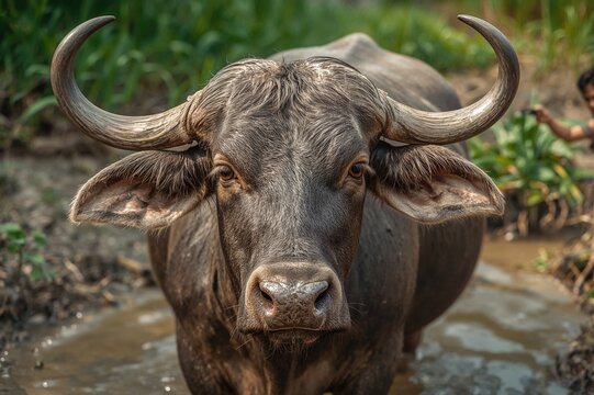 Close-up of a water buffalo gazing directly at the camera, terrestrial creature