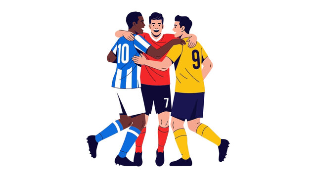 United in Victory: Three soccer players, united in the spirit of triumph and team, embrace in a display of camaraderie and athletic excellence. Capturing the essence of unity, dedication.