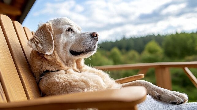 A senior woman enjoying a sunny summer day outdoors on a terrace with her dog and a warm cup of coffee.