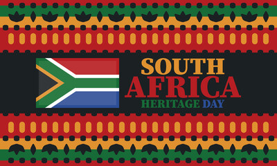 South Africa Heritage Day. Happy holiday. Celebrate culture and traditions of nation. South African flag. Poster with illustration. Pattern design. Vector
