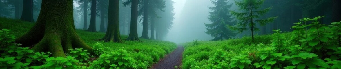 Misty forest trail, Mount Rainier Lush green, fog, trees, path , moss, evergreen, leaves