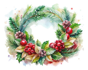 Watercolor Christmas Wreath with Pine Cones and Red Berries