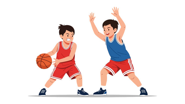 Basketball Game: A dynamic illustration capturing two young players engaged in an intense basketball game, showcasing agility, competition, and the thrill of the sport.