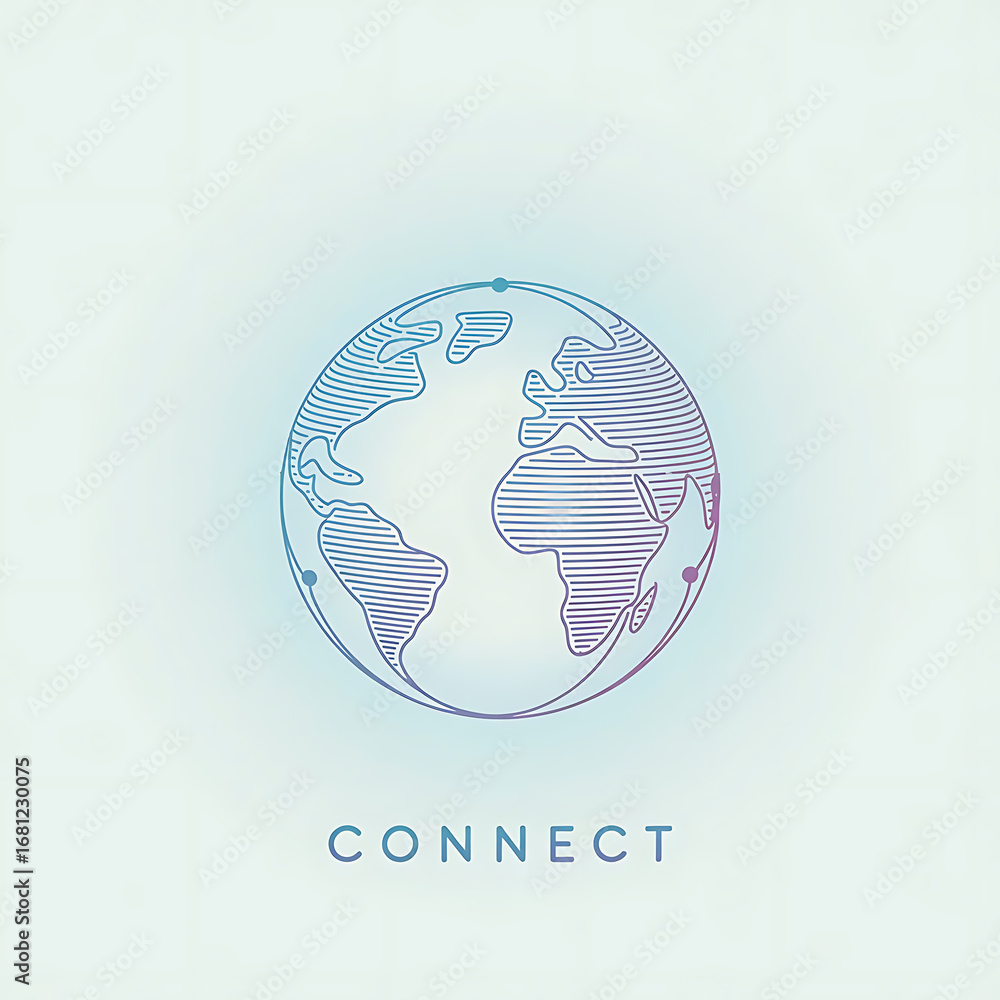 Poster outlined globe with horizontal lines and dots on a light blue background and the word connect