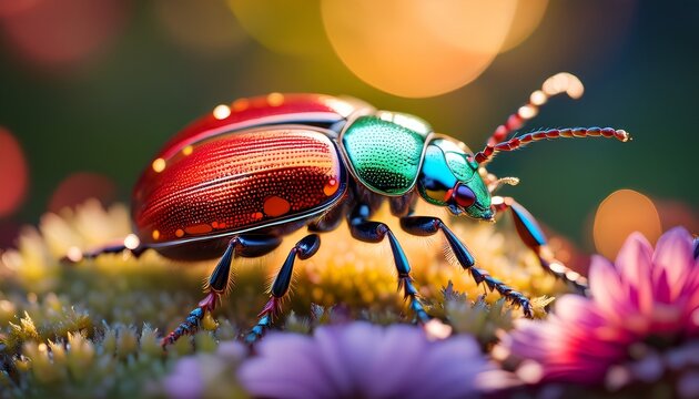 a vividly colored beetle with distinct red spots captured in an artistic style showcasing intricate details and a striking visual appeal that invites admiration and curiosity
