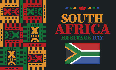 South Africa Heritage Day. Happy holiday. Celebrate culture and traditions of nation. South African flag. Poster with illustration. Pattern design. Vector