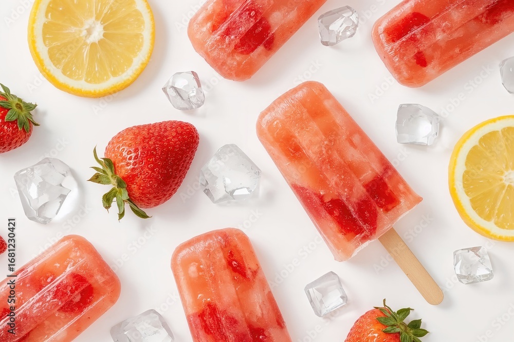 Poster top view of lemon and strawberry popsicles against a white backdrop with empty space