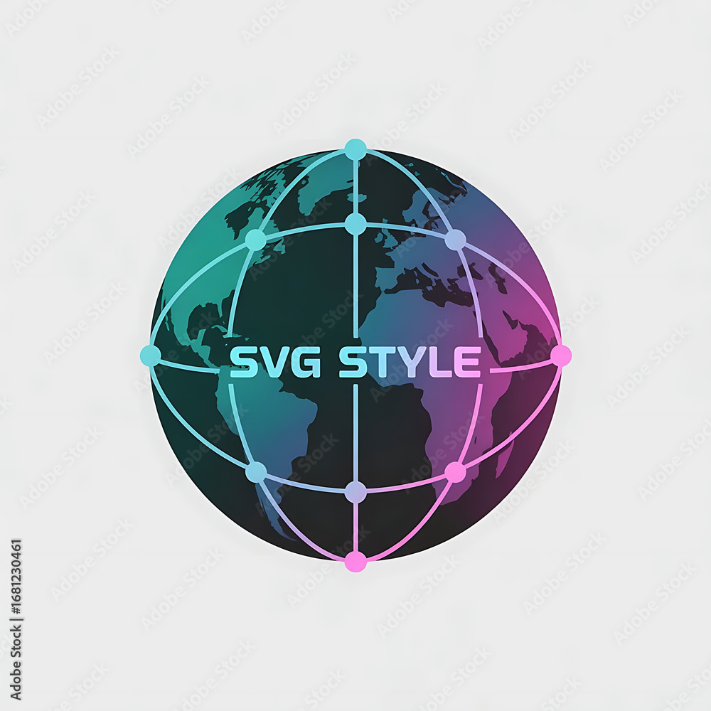 Poster a stylized globe with gradient colors and connected dots with the text svg style in the center