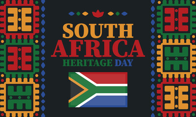 South Africa Heritage Day. Happy holiday. Celebrate culture and traditions of nation. South African flag. Poster with illustration. Pattern design. Vector