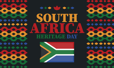 South Africa Heritage Day. Happy holiday. Celebrate culture and traditions of nation. South African flag. Poster with illustration. Pattern design. Vector