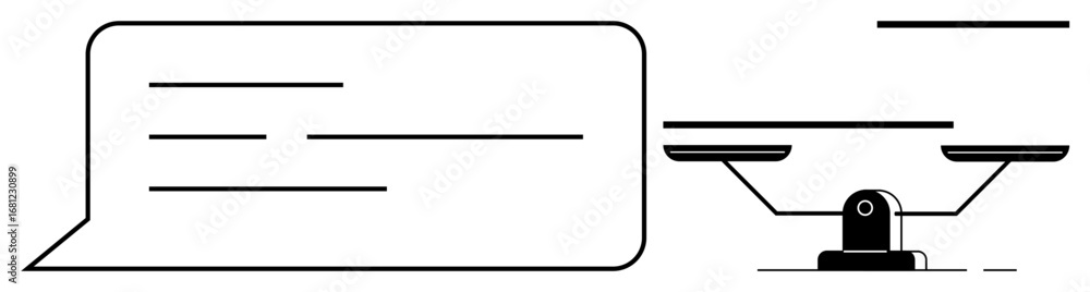 Poster speech bubble with horizontal lines beside a balance scale emphasizing communication, equality, and 