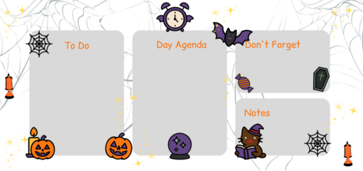 Cute Halloween daily planner with pumpkins, bats, spider webs, and spooky icons. Perfect for students, teachers, and festive organization.