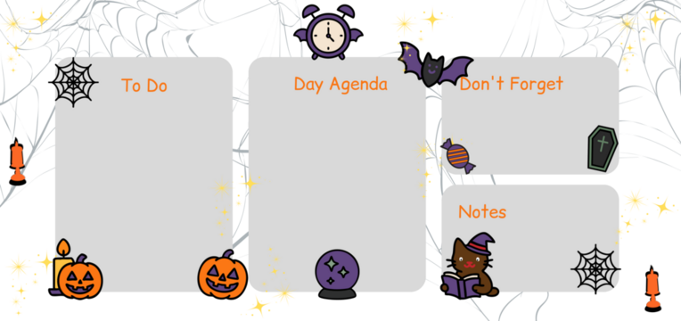 Cute Halloween daily planner with pumpkins, bats, spider webs, and spooky icons. Perfect for students, teachers, and festive organization.