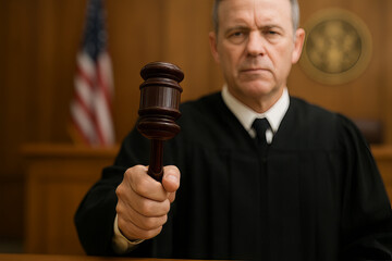 A serious judge in a traditional black robe holds a wooden gavel forward, symbolizing law, order, and authority in a courtroom