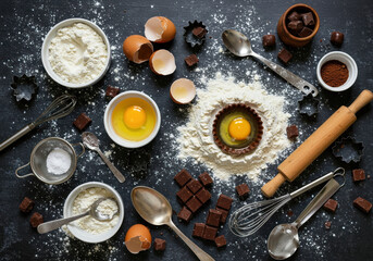 A beautiful mess on a kitchen counter after baking showing the creative process of cooking from a top-down view