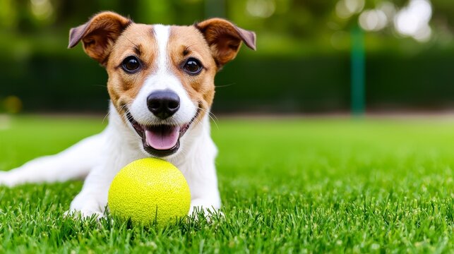 A small happy dog joyfully plays with a colorful toy ball in a lush backyard, embodying the essence of fun and companionship.