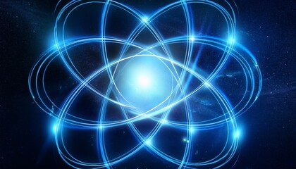 glowing blue atom with swirling energy rings in dark cosmic background symbolizing quantum chaos and atomic energy scene is ethereal and futuristic evoking sense of mystery