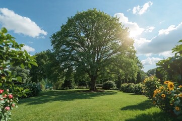 Bright garden featuring a tree