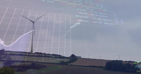 Animation of financial data and graph over landscape with wind turbines - Powered by Adobe