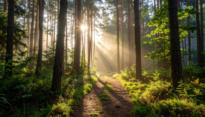 Obraz premium A serene forest path covered in morning mist