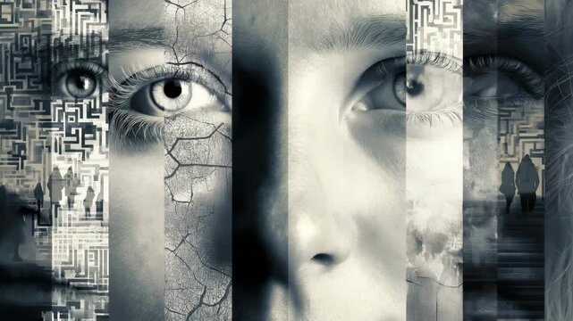 Surreal Collage Animation of Human Face with Cracks, Mazes, and Silhouettes of People Walking, Monochrome Tones &ndash; Conceptual Video for Psychology, Identity, and Creative Backgrounds