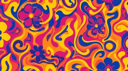 seamless pattern with a psychedelic, groovy 1970s aesthetic. The design consists of wavy, interlocking organic shapes, abstract flowers, and bold, retro squiggles