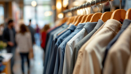 Clothes on wooden hangers in store with blurred shoppers in background

