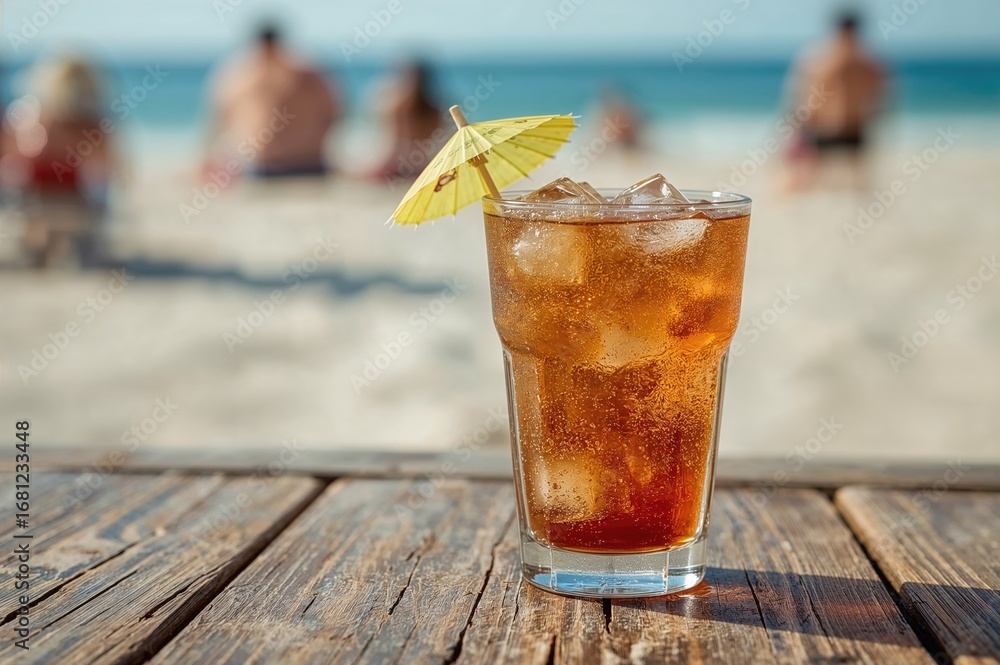Poster refreshing summer beverage on rustic wooden surface with ample space for design