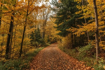 Obraz premium Breathtaking view of a forest in fall transitioning to golden hues