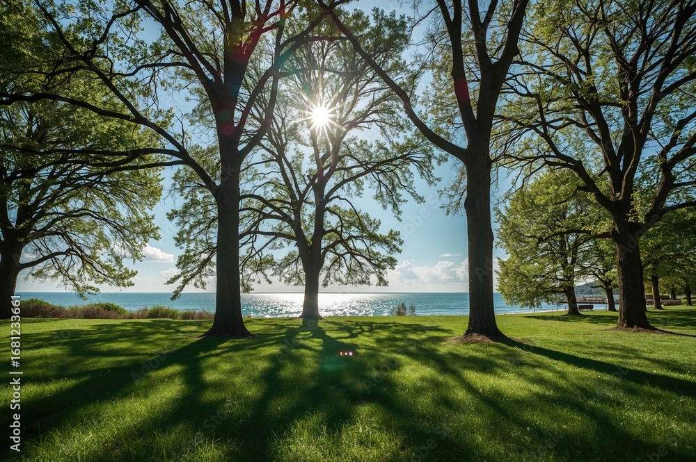 Poster sunlight filtering through forest trees in a park with ocean in the distance and elongated tree shad