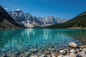 Breathtaking mountain lake with pristine turquoise waters under a flawless sky. Wide-angle vista of a magnificent mountainous terrain. Captivating lakeshore panorama surrounded by peaks.