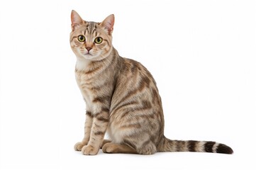 Obraz premium Striped-tailed feline perched alone against a plain backdrop. Adorable kitty gazes towards the lens. Marble-patterned short-haired cat with striking large eyes. Profile perspective