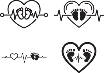 Baby Footprints Heartbeat Line Art Icons cardiogram