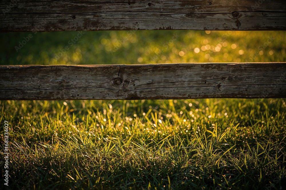 Poster sun rays pass through the spaces of a weathered wooden barrier, casting lively patterns of light and