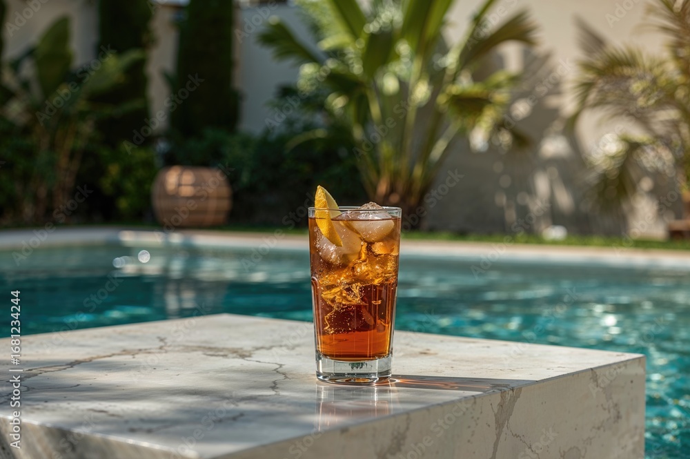 Poster iced tea with ice on a table by the pool during summer with space for your design