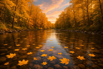 Obraz premium Golden Autumn River with Forest Reflections