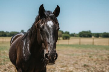 Obraz premium Elegant dark horse featuring a white forehead spot at a vast countryside estate, Iberian lineage