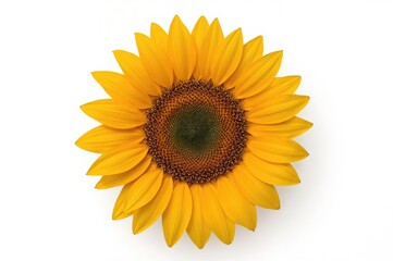 Fototapeta premium Single sunflower on a plain white backdrop. Overhead perspective, flat arrangement. Blossom.