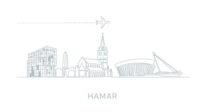 Hamar Norway Skyline Line Art with Airplane
