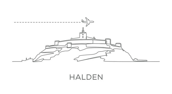 Halden, Norway Landmark Line Art with Airplane