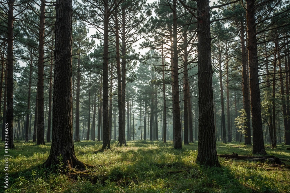 Poster lofty pine trees standing in a forest during mid-spring.