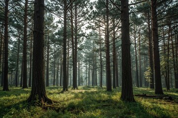 Fototapeta premium Lofty pine trees standing in a forest during mid-spring.